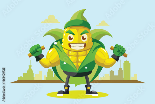 Strong, healthy corn superhero character with cityscape backdrop ready for action and fun