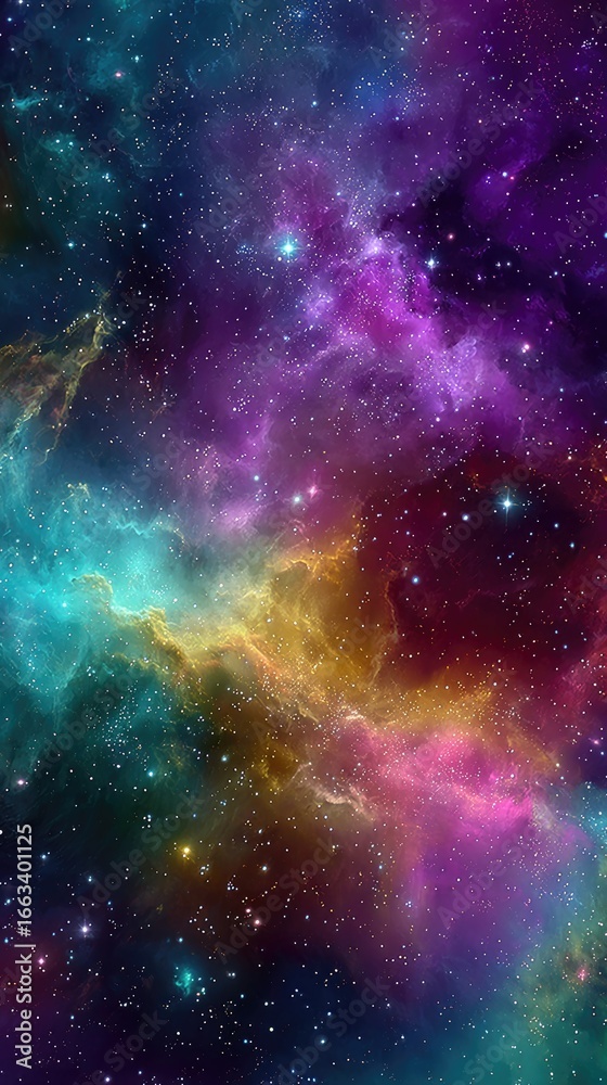 Fototapeta premium Vibrant nebula with swirling clouds of purple, teal, gold, and crimson gases; scattered stars illuminate the cosmic scene