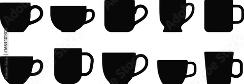 Collection of various black mug silhouettes isolated on white background
