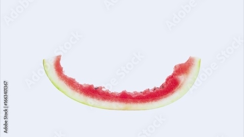 Slow motion footage of biting into a piece of watermelon in reverse on white background.