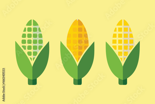 Vibrant flat design of three corn cobs with green husks against a pale yellow background