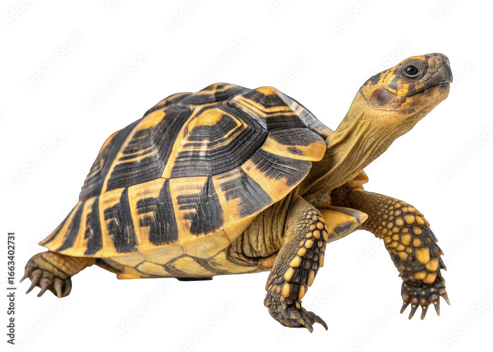 Naklejka premium Detailed close-up of a starred tortoise with striking yellow and black shell patterns on a plain background