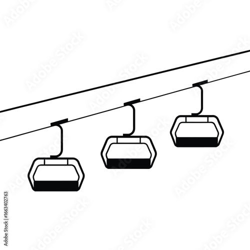 Three ski lift chairs hanging from a cable against a white background
