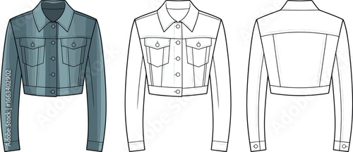 Cad Drawing Flat Vector Illustration of Cropped Denim Jacket, Fashion Design, Detailed Front, Back View, Technical Drawing, ApparelCad Drawing Flat Vector Illustration of Cropped Denim Jacket, Fashion