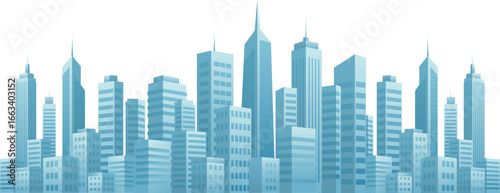 City skyline illustration with modern skyscrapers in blue tones, representing urban architecture, business district, and metropolitan landscape for cityscape design projects.