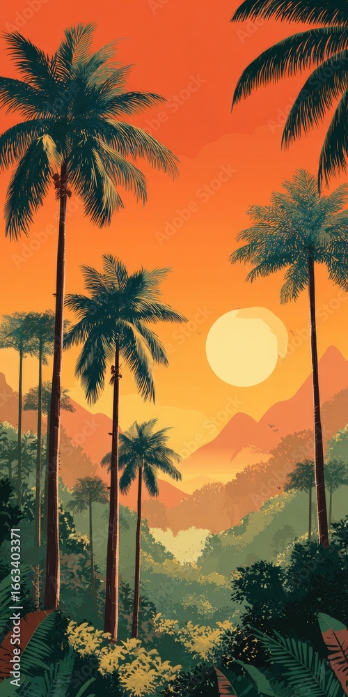 Obraz premium Vibrant sunset over a lush tropical valley, tall palm trees framing a large, bright sun and hazy orange sky; verdant valley floor below