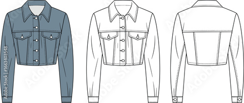 Cropped Denim Jacket CAD Drawing Flat Vector Illustration with Flap Pockets Button Closure Casual Fashion Layout Front and Back Garment Views
