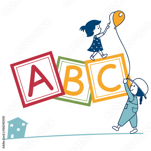 Vector art of children playing with alphabet blocks and balloon