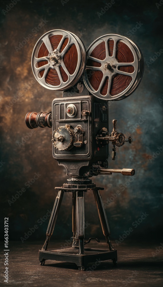 Obraz premium Vintage film projector, weathered metal, dual reels, tripod stand, dark background