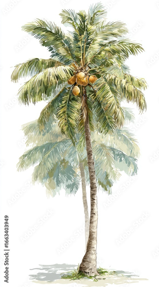 Fototapeta premium Watercolor painting of two slender coconut palms, one slightly behind the other, laden with yellow-brown coconuts, set against a white background with subtle shadowing at the base