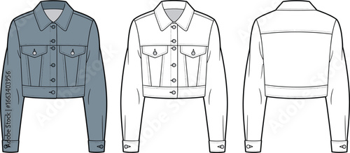 Cropped Denim Jacket CAD Drawing Flat Vector Illustration with Flap Pockets Button Closure Front and Back Fashion Garment Layout