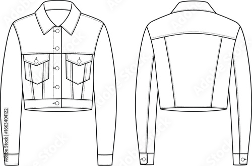 cropped denim jacket CAD drawing flat vector illustration ,  flap pockets, button closure, stylish garment layout, front and back views