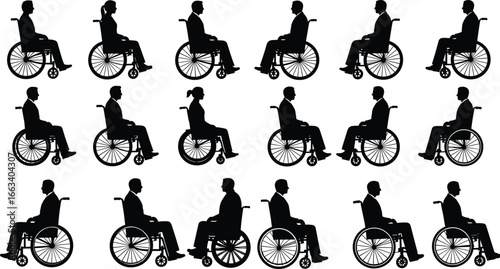 Wheelchair user silhouette vector set featuring fifteen diverse poses—ideal for accessibility, disability awareness, healthcare, inclusion, and design projects