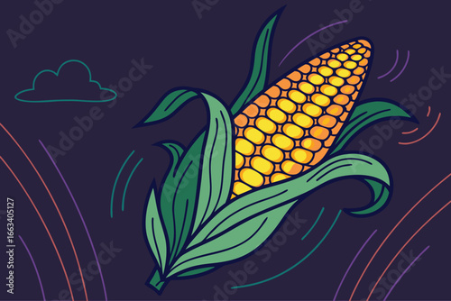 Vibrant illustration of fresh corn on the cob with lush green leaves, perfect for food designs