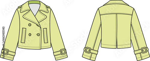 Cropped Double Breasted Trench Coat Jacket CAD Drawing Flat Vector Fashion Illustration with Buckle Sleeve Detail Front and Back