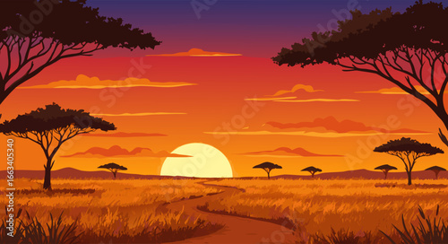 African Savanna Sunset with Acacia Trees and Winding Path