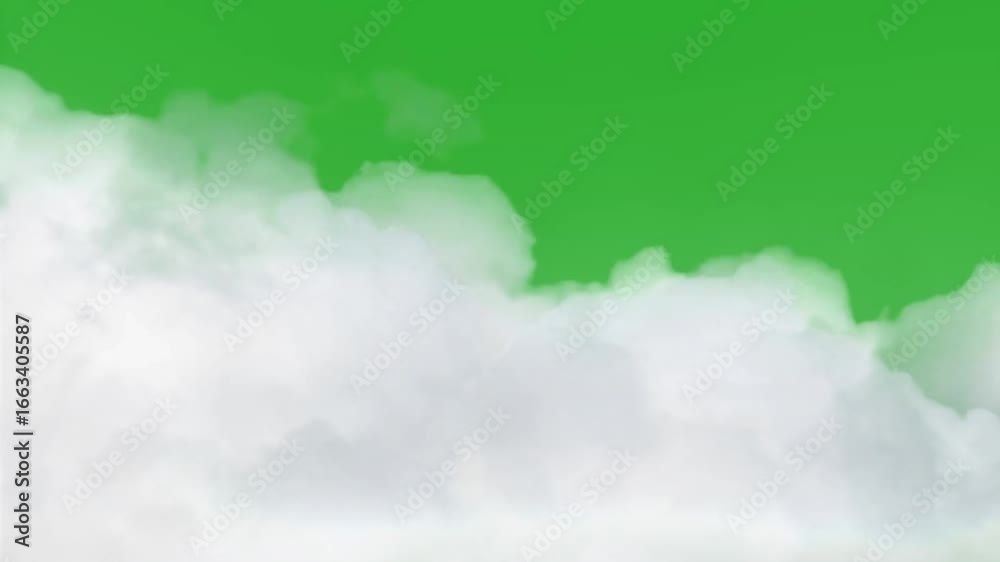 Cloudscape on Green Screen: Fluffy white clouds drift serenely against a vibrant green screen backdrop, floating white fog overlay effect slowly moving on green screen background. Looping 4K