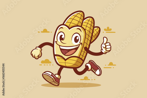 Cheerful corn cartoon character running with a smile and giving a thumbs up for healthy food choices