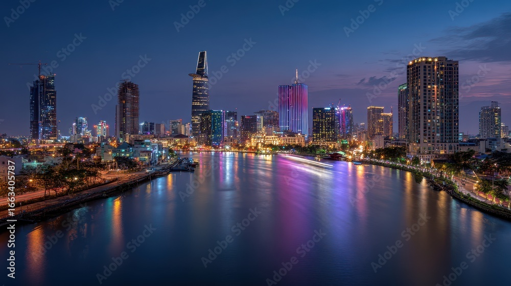Fototapeta premium City skyline illuminated at night along the river with colorful reflections in the water