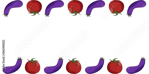 Vector vegetable frame design. Perfect moussaka ingredient Frame with empty space for text of recipe. Eggplant and tomatoes Frame isolated transparent background. EPS 10