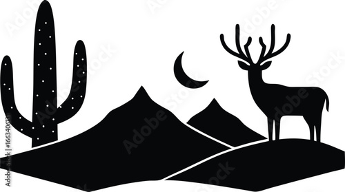 desert landscape with stag and saguaro cactus deer silhouette vector illustration