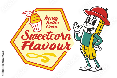 Cheerful corn character promotes sweetcorn flavour with honey butter, perfect for snack branding