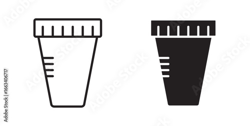 Urine icon,  in line design. Medical testing, laboratory analysis, urine test, health checkup, diagnostic sample, specimen cup . Vector illustration with stroke and fill on a white background.