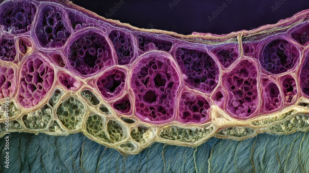 Fototapeta premium Detailed view of plant cell structure showcasing vibrant colors and intricate designs