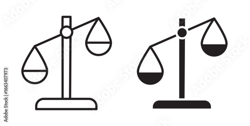 Scale icon . Law scales icon. Libra icon. Justice scales icons. Vector illustration with stroke and fill on a white background.