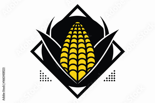 Bold geometric logo featuring a stylized yellow corn cob with black leaf elements and minimalist square accents