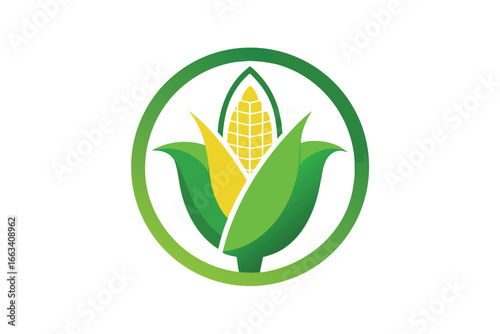 Vibrant corn logo symbolizing growth and agriculture with fresh green leaves and golden kernels