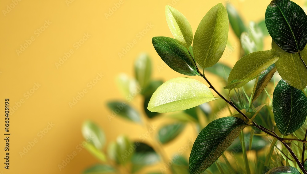 Obraz premium Close-up of vibrant green leaves against a soft yellow background