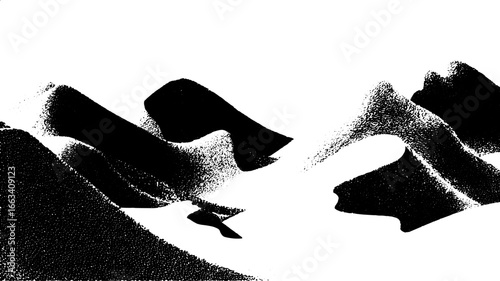 Monochrome mountain landscape with hills and dunes in stipple style. Black and white vector illustration with contrast and minimal detail.