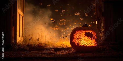 A Spooky Halloween Scene Featuring a Lit Pumpkin Carved with a Bee Design Amidst Swirling Bees Against an Enigmatic Dark Backdrop