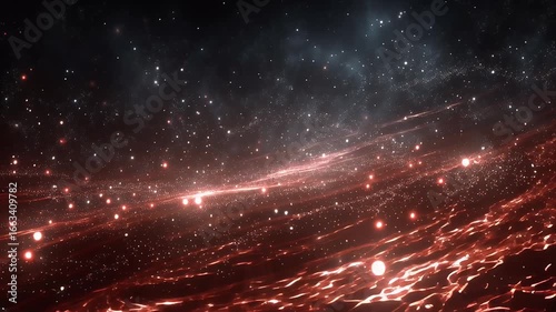 星と赤く輝く光の線が広がる宇宙空間の抽象的な背景 | Abstract Background of Outer Space with Stars and Expanding Red Glowing Light Lines