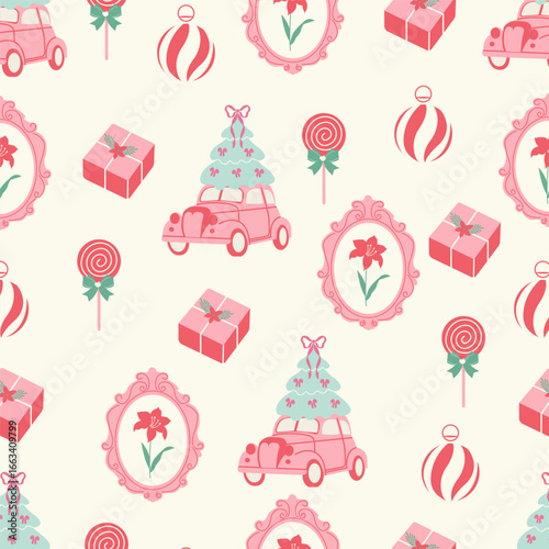 Christmas coquette seamless pattern. Cute vintage holiday print with retro car, gift boxes, ornaments, lollipops. Aesthetic festive design for wrapping, greeting cards, print.