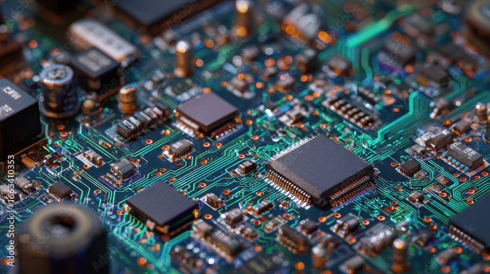 Obraz premium A detailed close-up displays a circuit board filled with electronic components