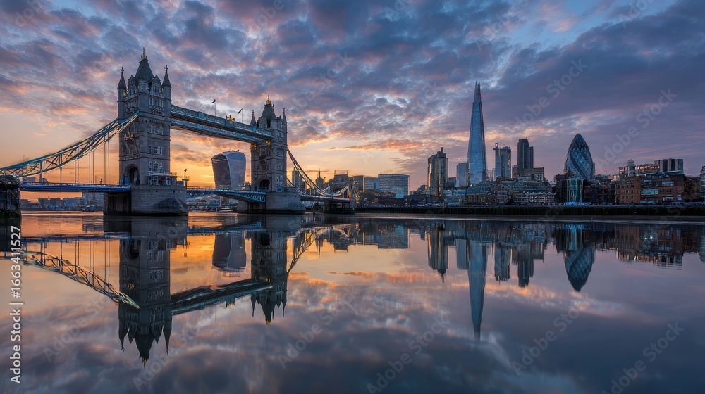 Obraz premium City skyline at sunset with Tower Bridge and modern buildings reflecting in the river