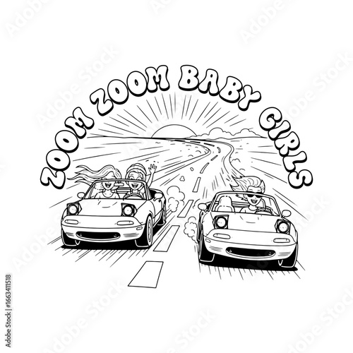 Zoom Zoom Baby Girls Convertible Graphic – Front-Facing Roadster Duo, Retro Sunset Highway Line Art Tee for Car Girls, Streetwear Gift for Drivers