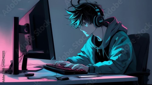 Person working at computer with blue screen lighting. Seamless loop animation