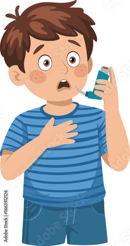 Cartoon boy using inhaler during asthma attack, breathing difficulty illustration, childhood respiratory health problem, medical care, allergy treatment, emergency breathing support