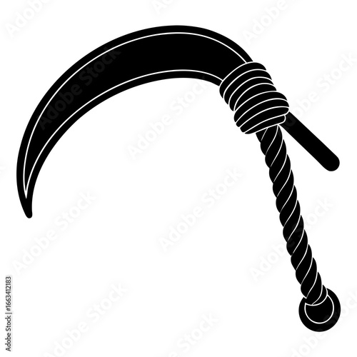 A black and white illustration of a scythe with a rope handle