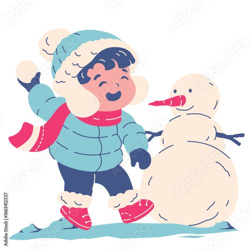 girl throwing snowball near snowman illustration