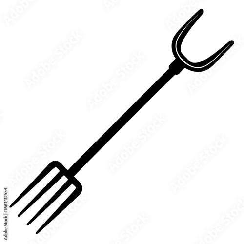 A black and white illustration of a garden fork tool