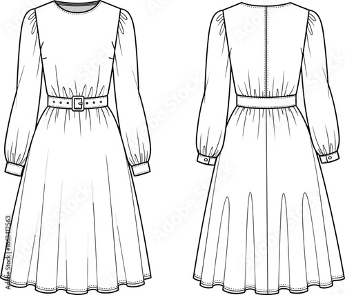 Fashion flat sketch, belted long sleeve midi dress, elegant women clothing design, sewing pattern template, garment technical drawing, apparel vector illustration