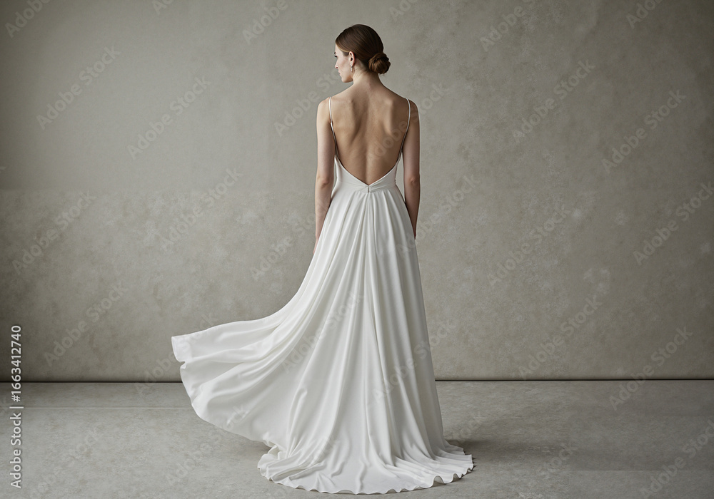 Fototapeta premium Elegant woman in white bridal gown standing with back to camera 