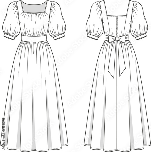 Fashion technical flat sketch, puff sleeve maxi dress, square neck design, bow back detail, sewing pattern template, apparel vector illustration