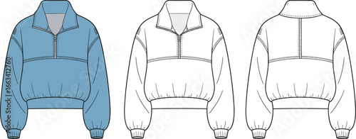 CAD drawing flat vector illustration of cropped pullover jacket with half zip closure, stylish technical layout, casual fashion outerwear template, versatile design
