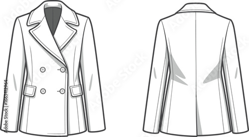 Front and back view double-breasted women’s blazer illustration, tailored formal coat design, stylish fashion jacket vector, elegant professional outerwear sketch