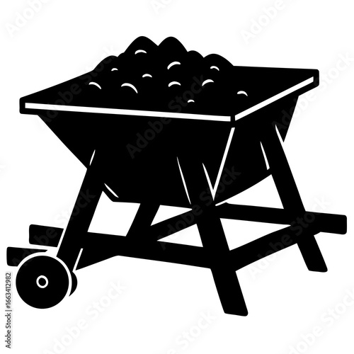A black silhouette of a wheelbarrow filled with rocks or stones